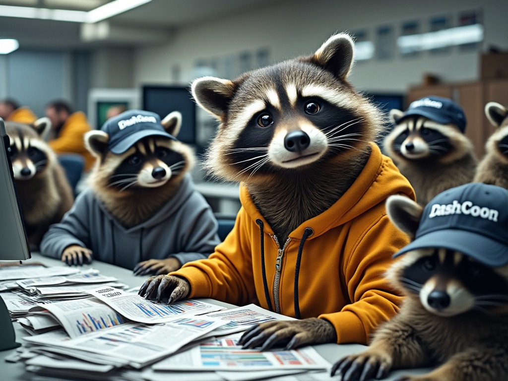 A raccoon looking a little dismayed and confused about the general chaos in data, with a bunch of it's buddies trying to sort it out