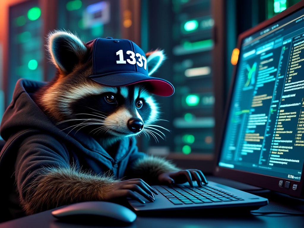 Mr ringtail, the head sys admin racoon runs a tight ship, looking intently at the screen to make sure everything is going smoothly