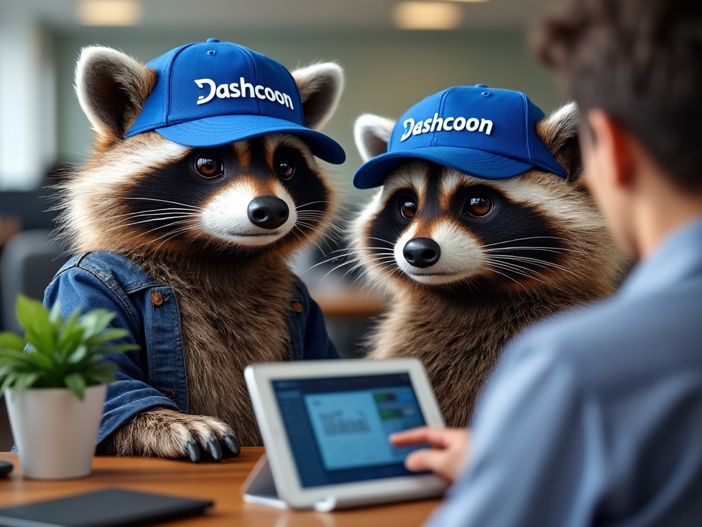 Two raccoons with dashcoon hats on, in the field with a client showing off the access to data in the field. something that would usually be restricted to the home office