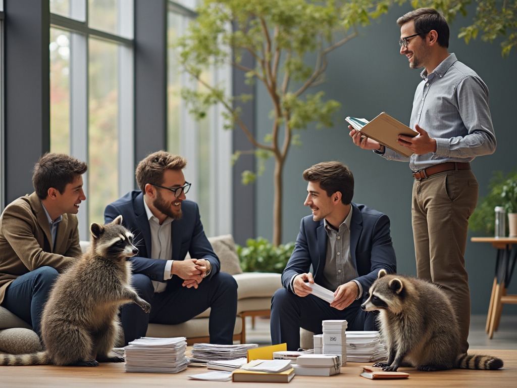 Two raccoons helping some employees sort through there data and compile what is important for them, so it can be put in a dashboard