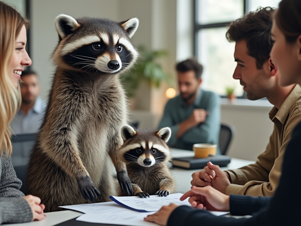 Two raccoons, a senior and a new joiner in the field explaining to clients why they should switch to using dashboard instead of using printouts