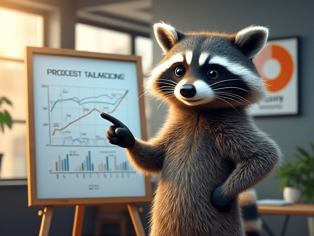 A raccoon standing in front of a whiteboard explaining the graphs and figures on there, symbolic for what our dashboards can do for you