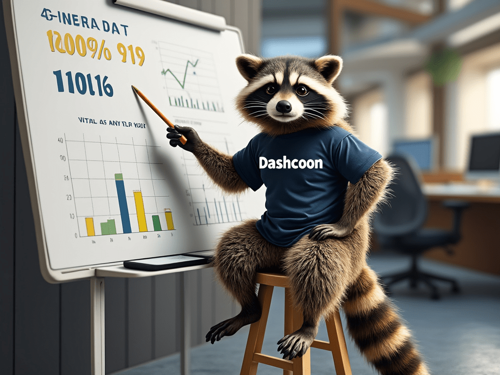 A raccoon explaining why things are going well by putting up some metrics on a whiteboard, and explaining how this could be fully automated in the future