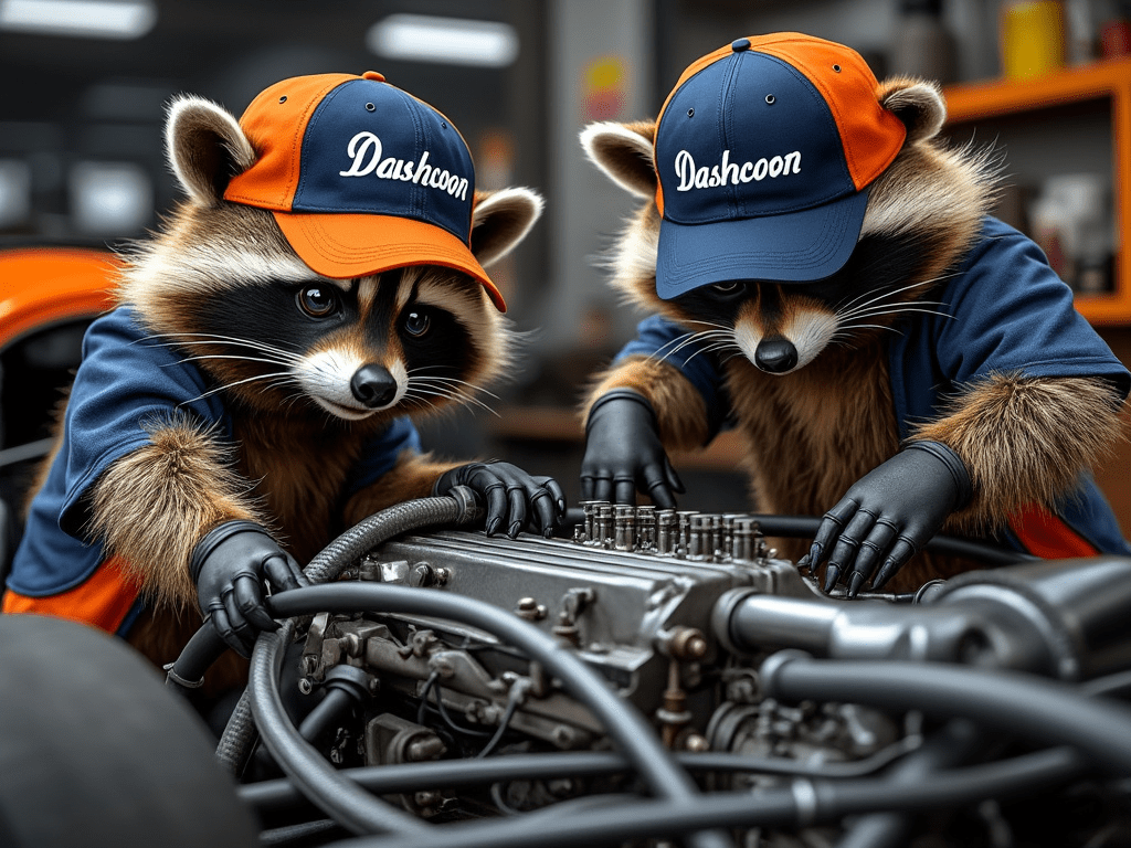 Two raccoons in a race pit fine tuning an engine, symbolizing what we do with bespoke software. Take out the engine and refine it so it runs much faster, and much smoother