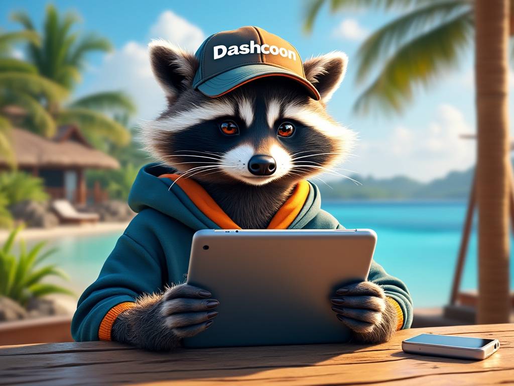 A Raccoon with a tablet and a smartphone enjoying a holiday in a far away place but with access to vital information