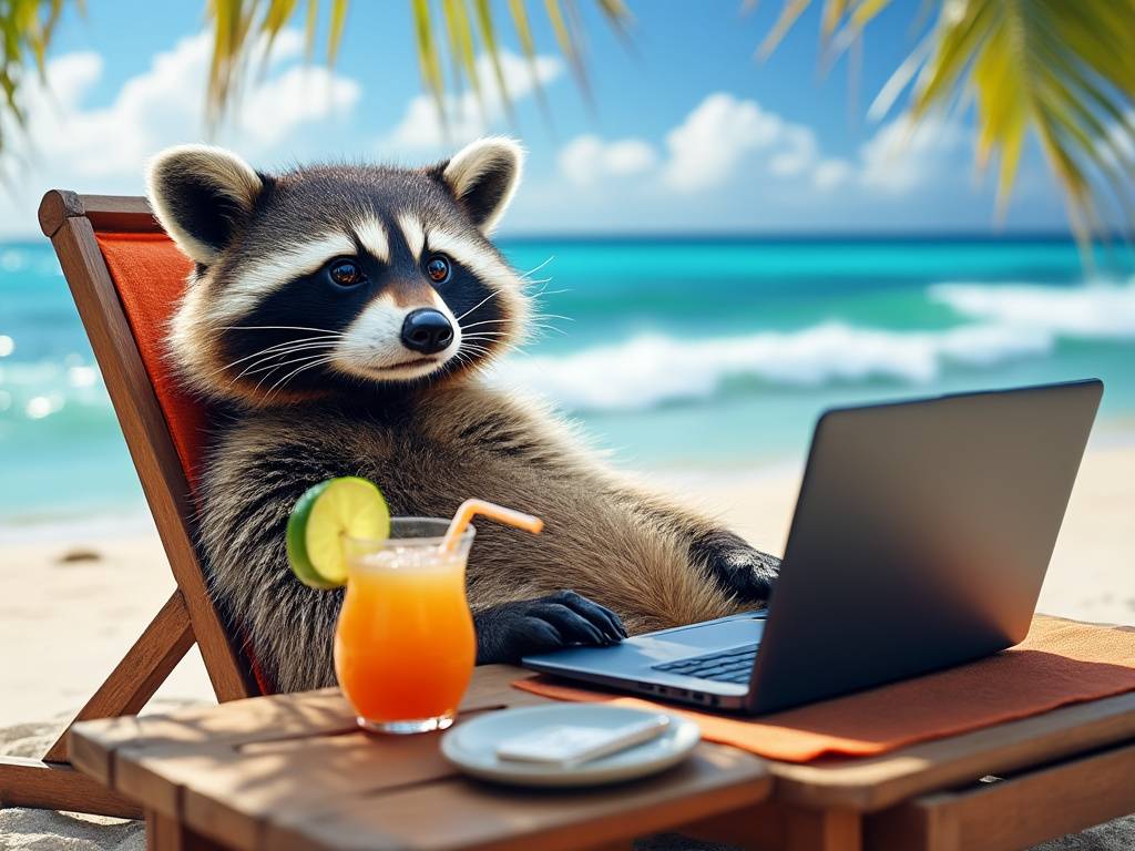 A Raccoon working from out of the office in an exotic location