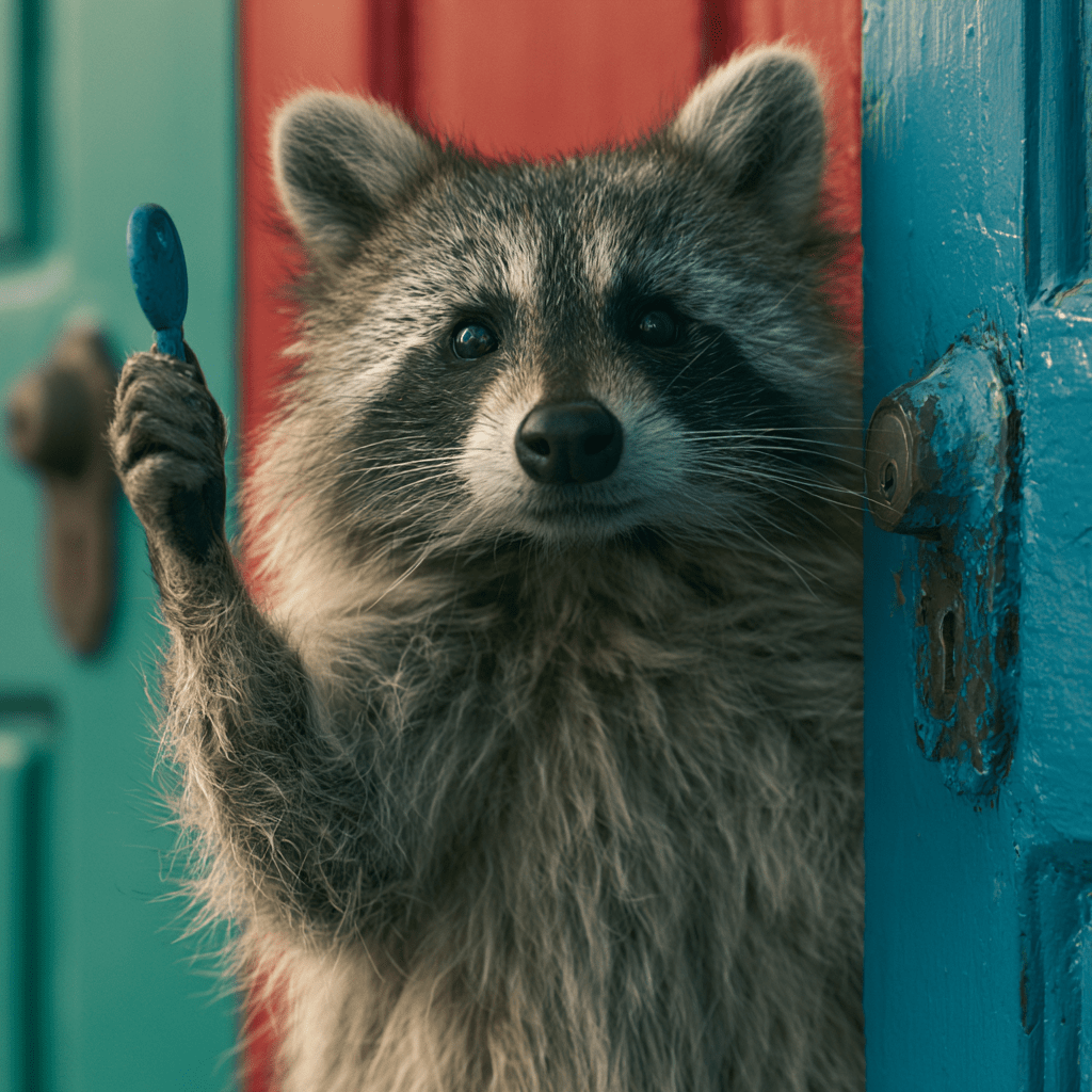 A raccoon holding up a blue key, signifying he has access to what is behind the blue door
